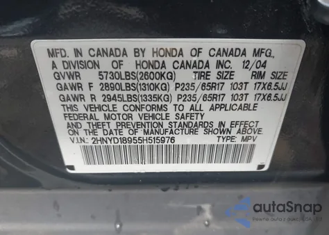 2005 Acura Mdx из США, поврежденный, VIN 2HNYD18955H515976